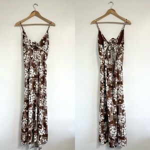 Paper Heart Linen blend maxi dress brown white strappy keyhole tie